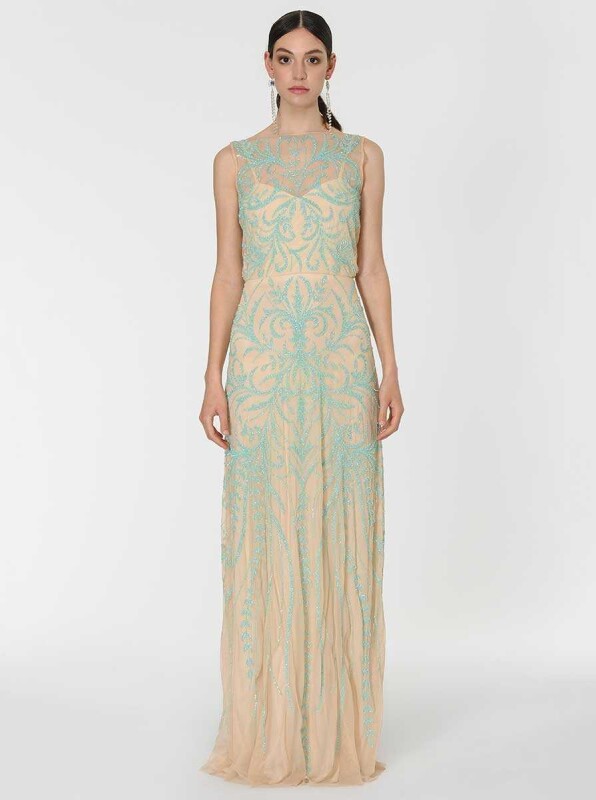 İşlemeli Gece Elbisesi Bej - 1