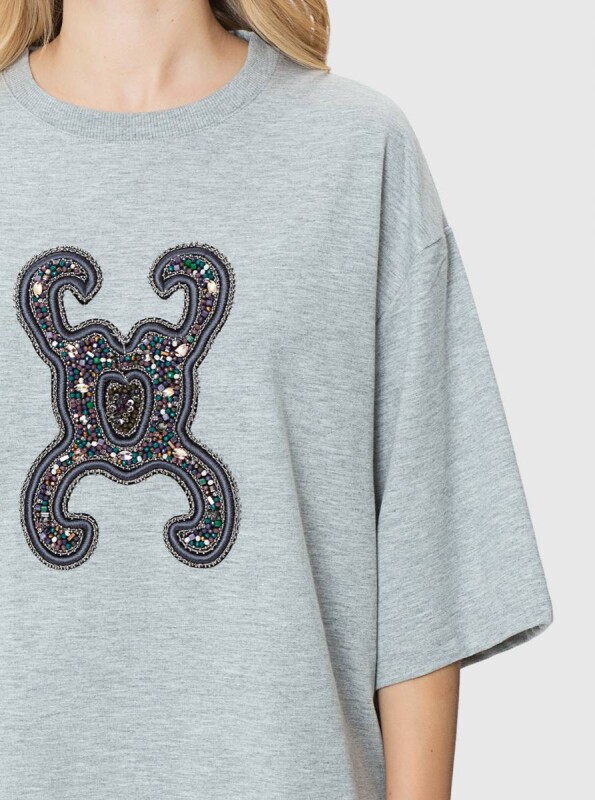  İşlemeli Oversize Sweatshirt Gri - 4