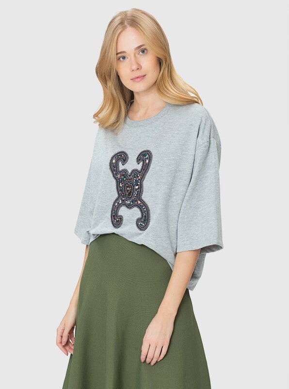  İşlemeli Oversize Sweatshirt Gri - 1