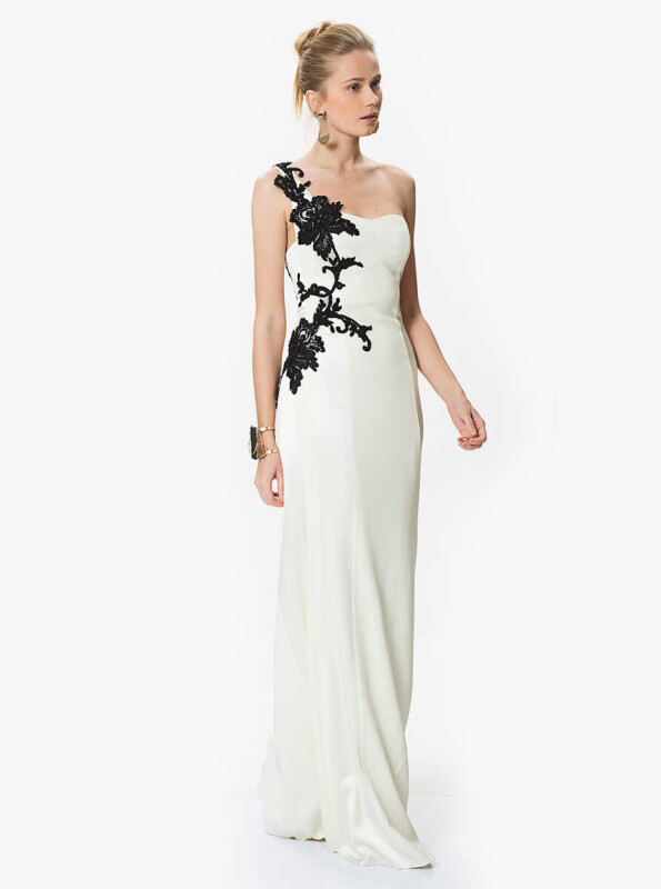 İşlemeli Tek Omuz Nikah Elbisesi Krem - 3