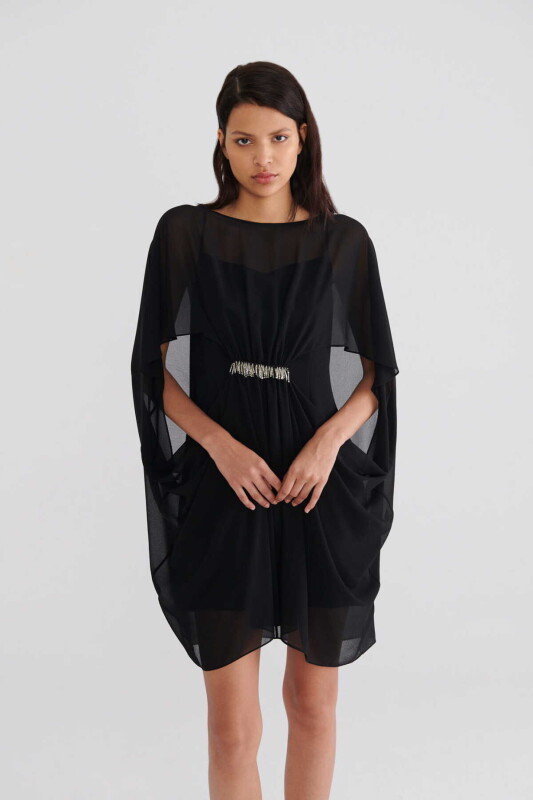  İşlemeli Transparan Abiye Elbise Siyah Siyah