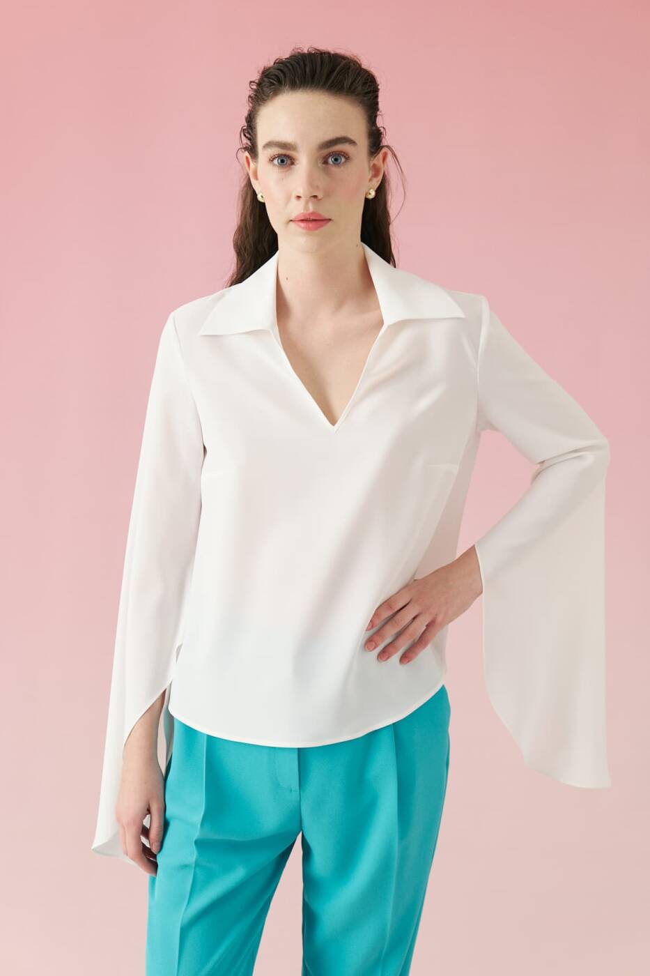 İspanyol Kol Krep Bluz Beyaz - 1