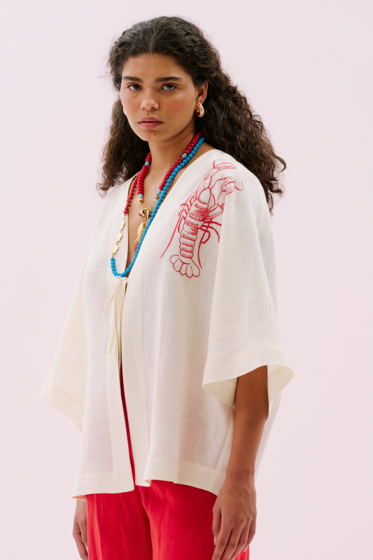 Istakoz Nakışlı Keten Kimono Bej 