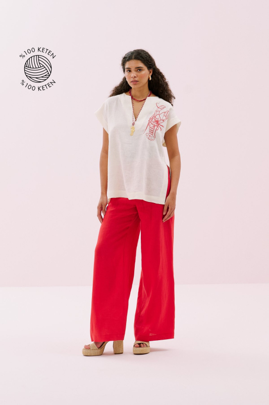 Istakoz Nakışlı Yanları Yırtmaçlı Keten Tunik Bej - Roman