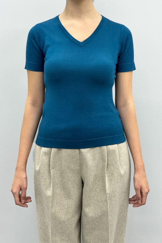 V Yaka Kısa Kollu Triko Petrol - 1