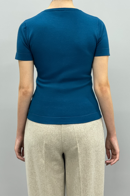 V Yaka Kısa Kollu Triko Petrol - 2
