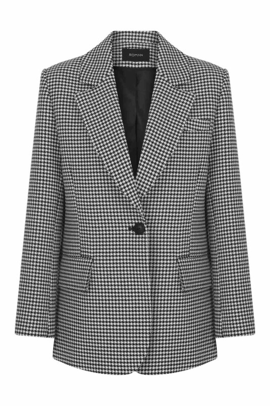Blazer Tek Düğmeli Ceket Siyah-Beyaz - 4