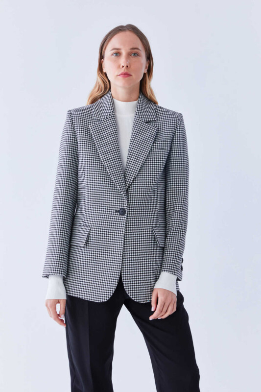 Blazer Tek Düğmeli Ceket Siyah-Beyaz - 1