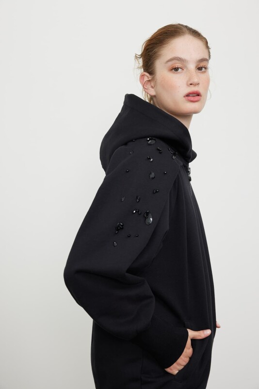 Taşlı İşlemeli Hoodie Sweatshirt Siyah 