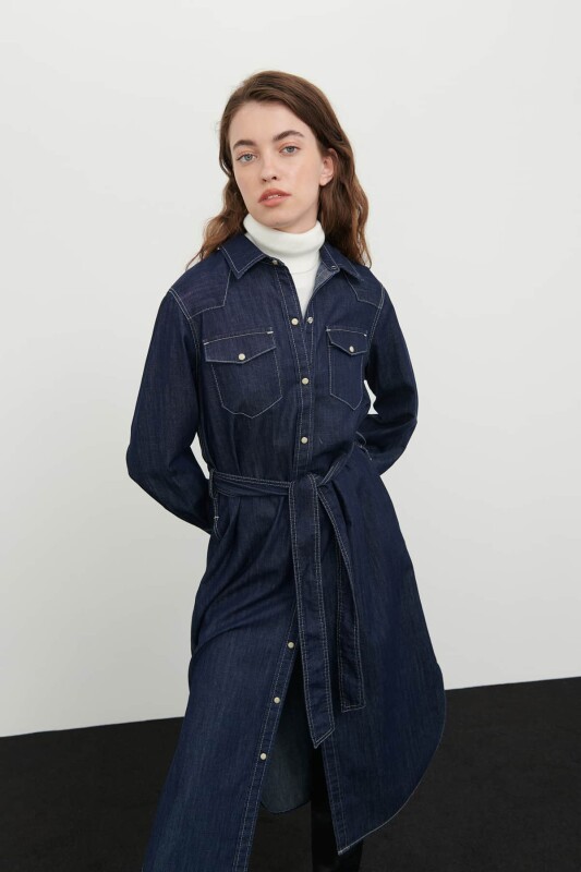 Denim Gömlek Elbise Lacivert - 5