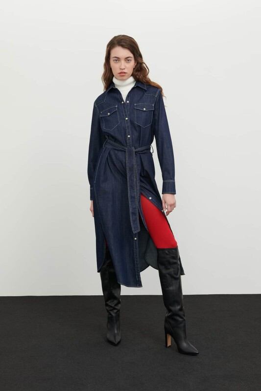 Denim Gömlek Elbise Lacivert - 4