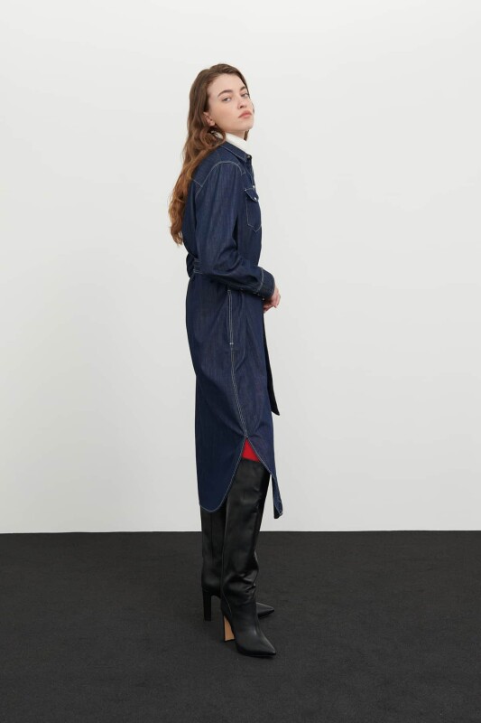 Denim Gömlek Elbise Lacivert - 3