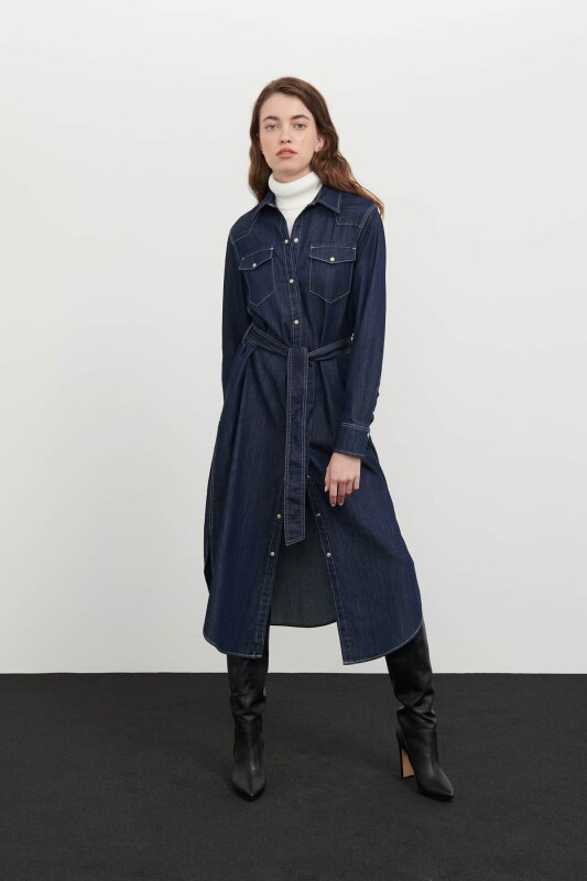 Denim Gömlek Elbise Lacivert - 1