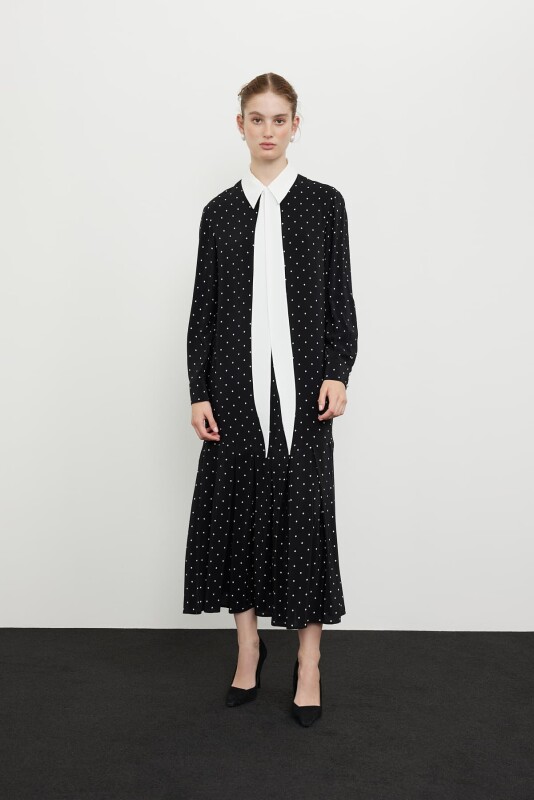 Puantiye Ve Fularlı Midi Elbise Siyah-Beyaz - 1