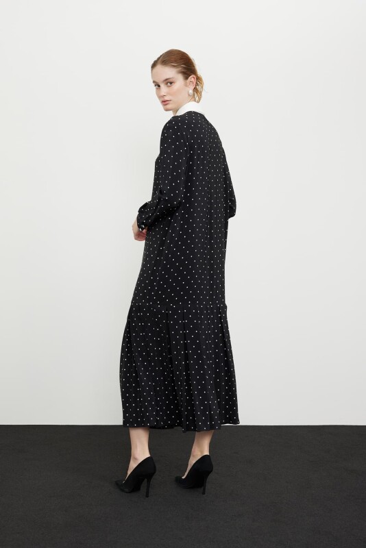 Puantiye Ve Fularlı Midi Elbise Siyah-Beyaz - 2