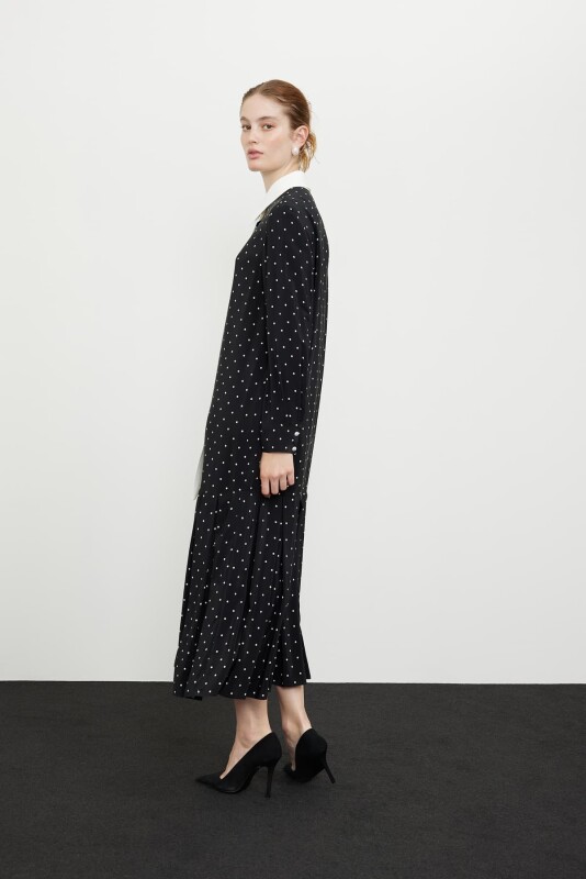 Puantiye Ve Fularlı Midi Elbise Siyah-Beyaz - 3