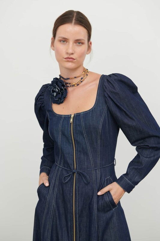 Kare Yaka Balon Kol Denim Elbise Lacivert - 3