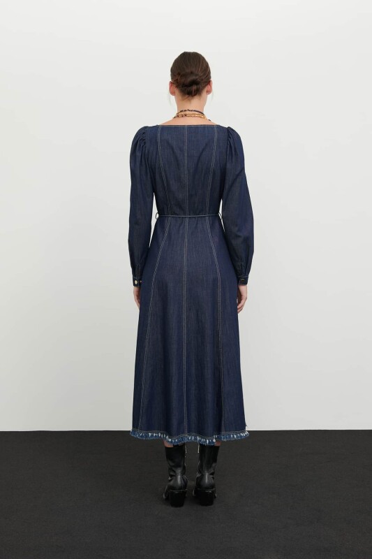 Kare Yaka Balon Kol Denim Elbise Lacivert - 2