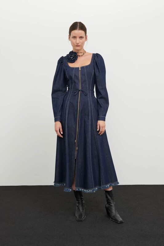 Kare Yaka Balon Kol Denim Elbise Lacivert - 1