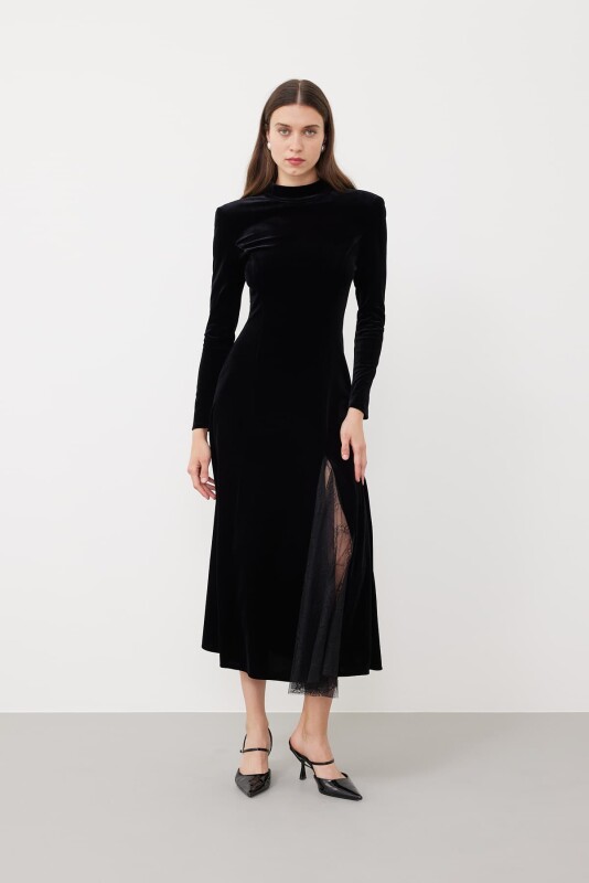 Midi Boy Yarım Balıkçı Kadife Elbise Siyah - 1