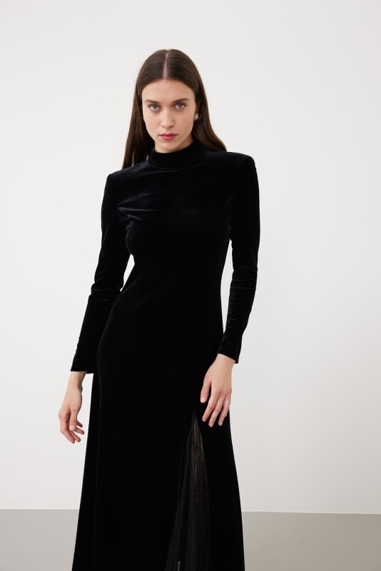 Midi Boy Yarım Balıkçı Kadife Elbise Siyah - 3