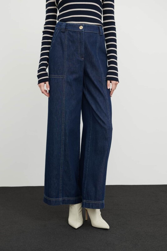 Denim Geniş Paça Pantolon Lacivert - 4