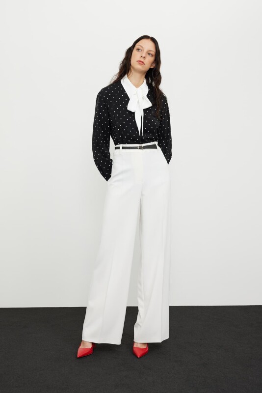 Crep Geniş Paça Pantolon Ekru - 3