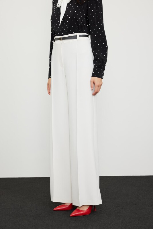 Crep Geniş Paça Pantolon Ekru - 4