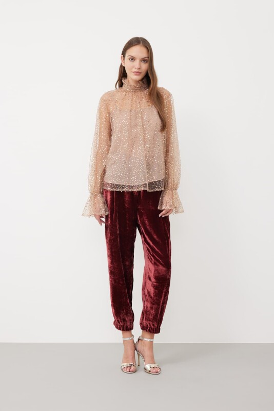 Yakası Fırfırlı Balon Kollu Payetli Tül Bluz Pudra - 4