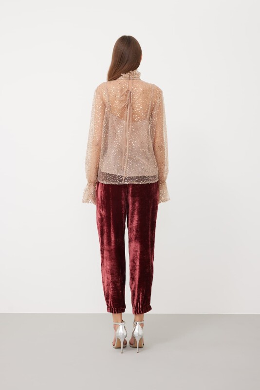 Yakası Fırfırlı Balon Kollu Payetli Tül Bluz Pudra - 2