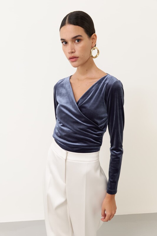 Kruvaze Kadife Bluz Gri - Roman