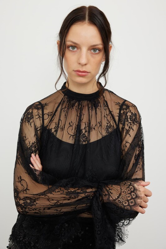 Uzun Kol Dantel Bluz Siyah - 3