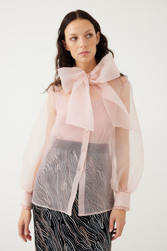 Organze Yakalı Fiyonklu Gömlek Pembe - 1
