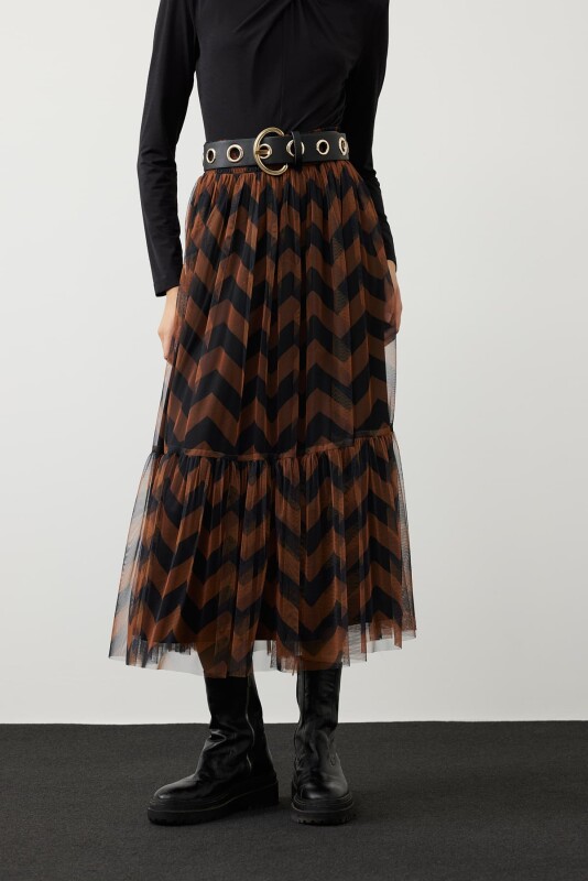 Zigzag Tül Baskı Beli Gipe Lastikli Midi Etek Standart Renk - 2
