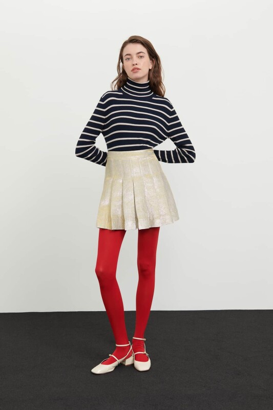 Jakarlı Pileli Mini Etek Gold - 3