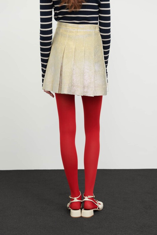 Jakarlı Pileli Mini Etek Gold - 2