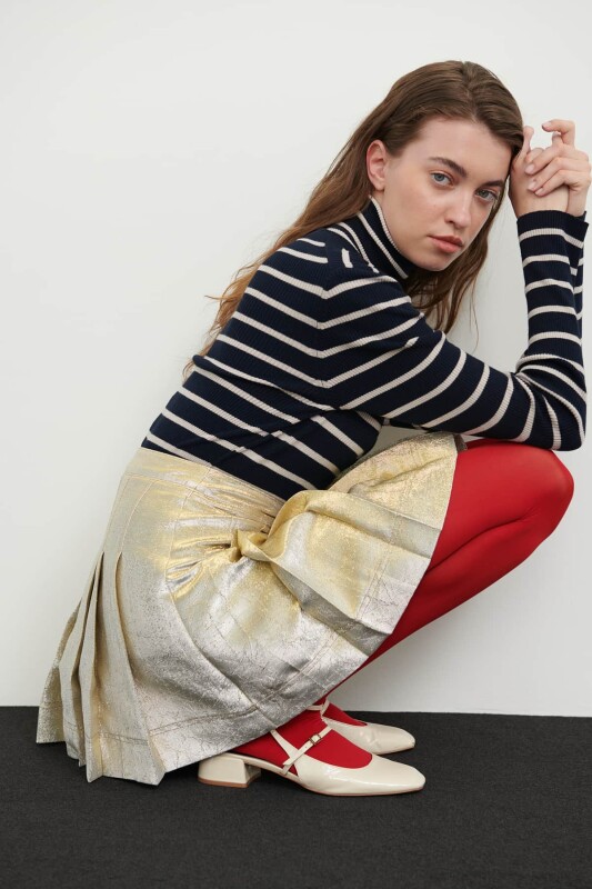 Jakarlı Pileli Mini Etek Gold - 1