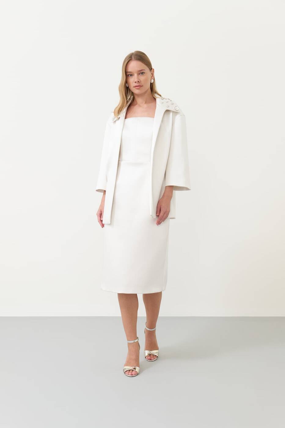 Yakası Taş İşlemi Saten Kap Kemik - 3