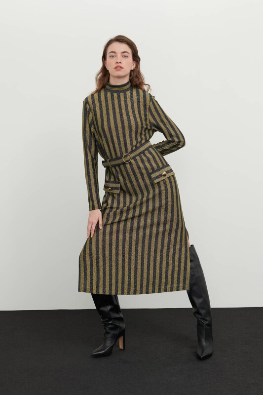 Çizgi Örme Uzun Kol Midi Elbise Standart Renk Standart Renk