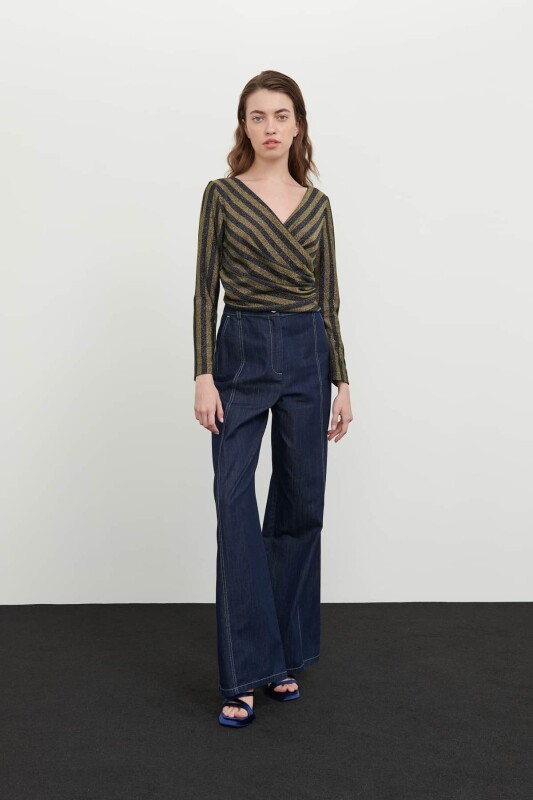 Kruvaze Çizgi Örme Bluz Standart Renk - 3