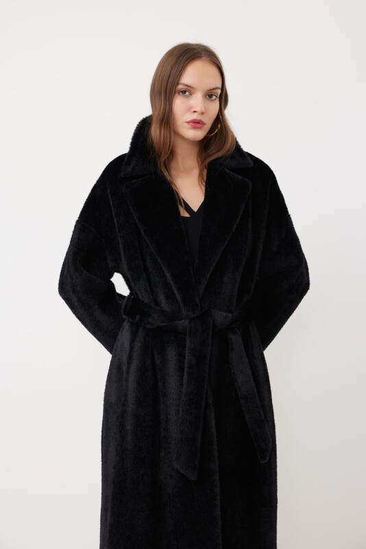Beli Kuşaklı Peluş Kaban Siyah - 3