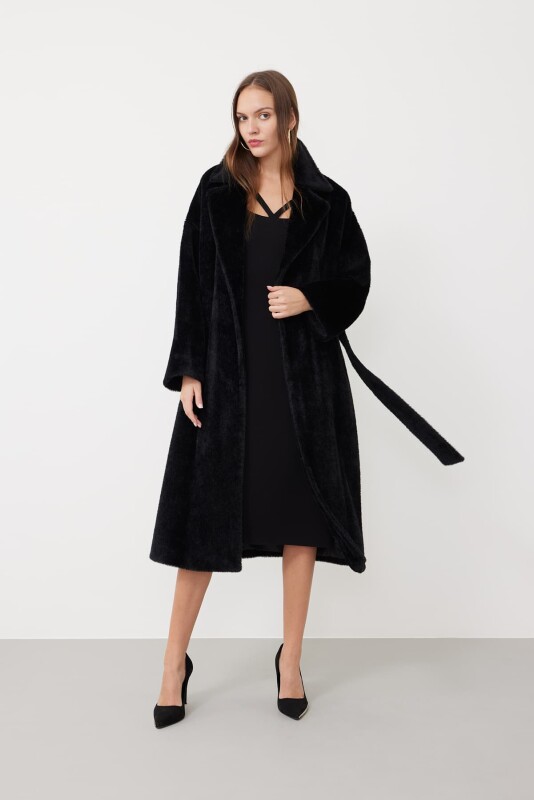 Beli Kuşaklı Peluş Kaban Siyah - 4