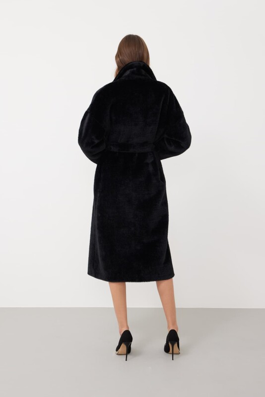 Beli Kuşaklı Peluş Kaban Siyah - 2