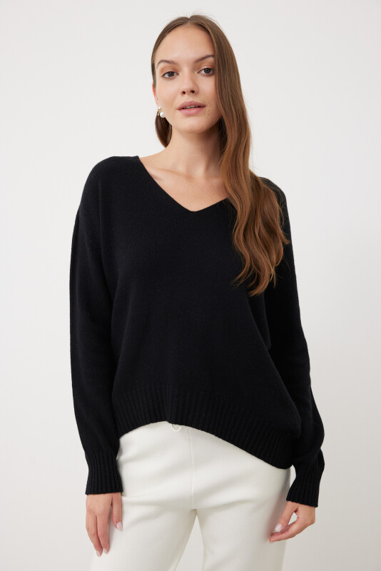 Kaşmir ve Yün Karışımlı V Yaka Kazak Siyah - 1