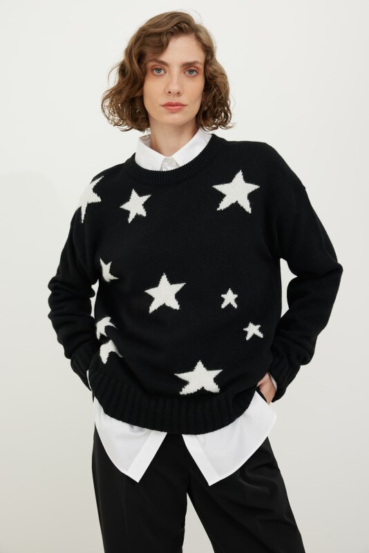 Yıldız Desenli V Yaka Yün Kazak Siyah-Beyaz - 1