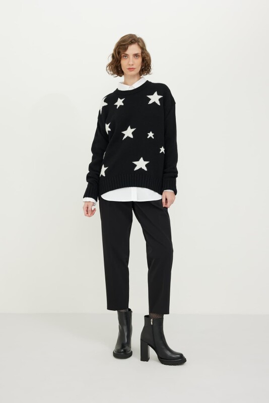 Yıldız Desenli V Yaka Yün Kazak Siyah-Beyaz - 3