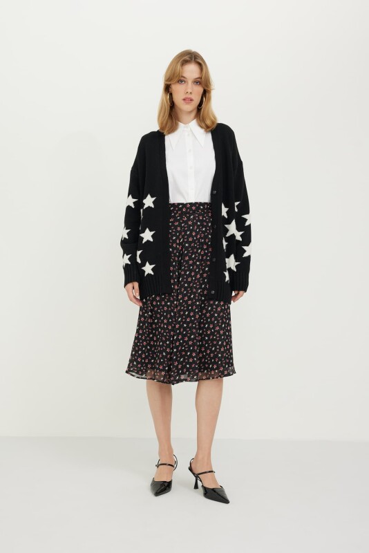 Yıldız Desenli V Yaka Uzun Kol Hırka Siyah-Beyaz - 3