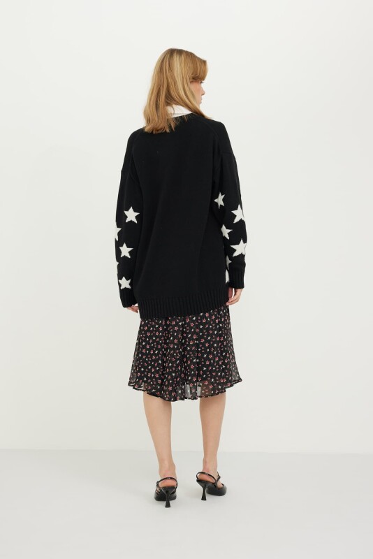 Yıldız Desenli V Yaka Uzun Kol Hırka Siyah-Beyaz - 2