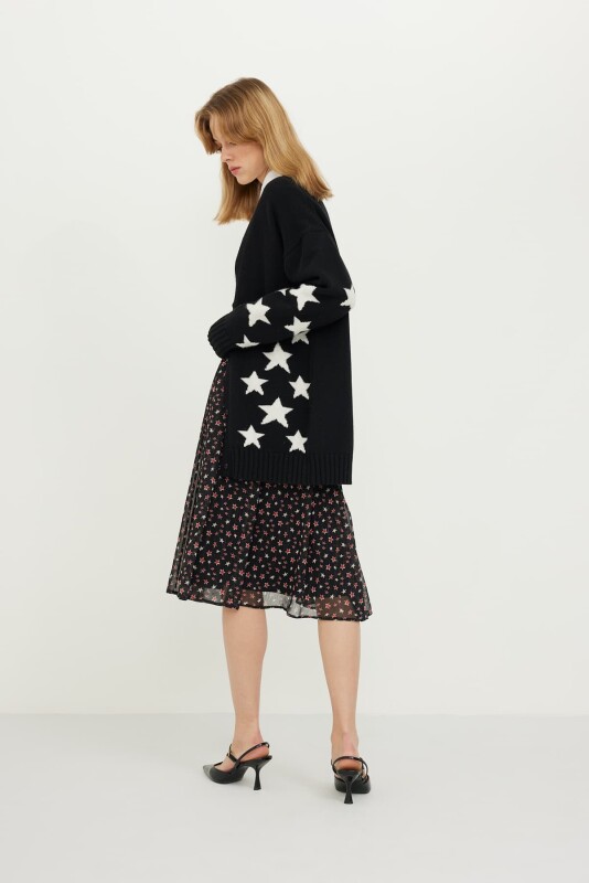 Yıldız Desenli V Yaka Uzun Kol Hırka Siyah-Beyaz - 4