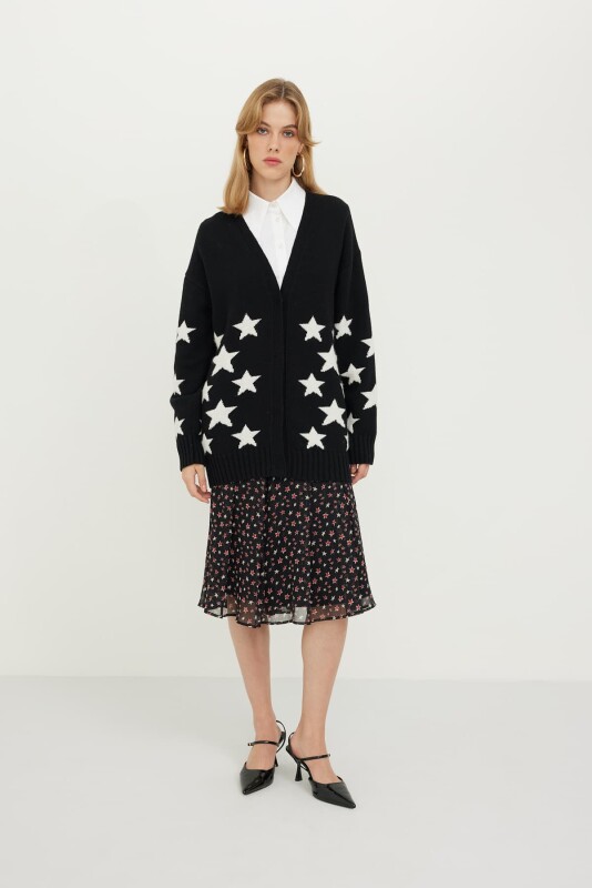 Yıldız Desenli V Yaka Uzun Kol Hırka Siyah-Beyaz - 5